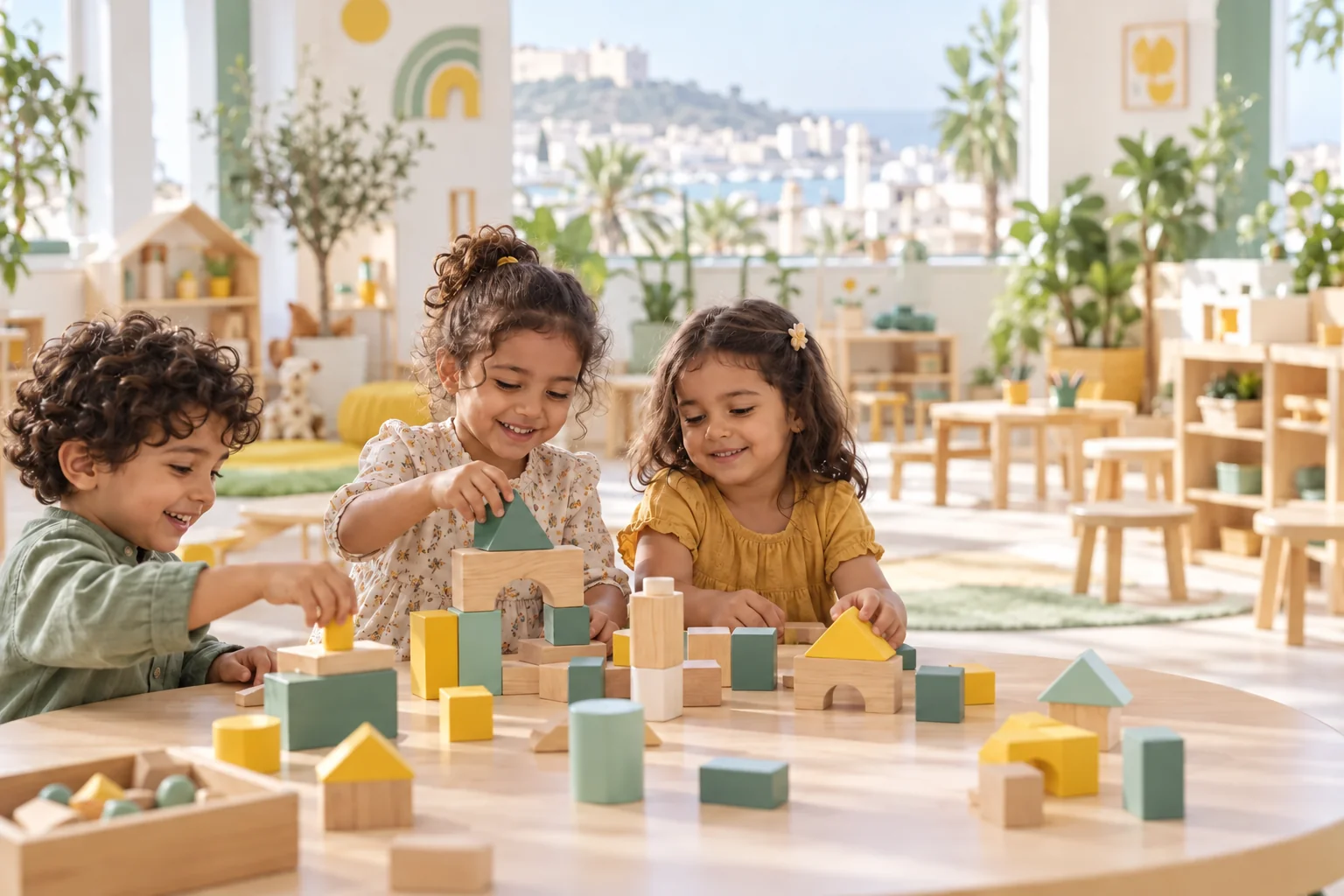 Trois enfants jouent avec des blocs de construction dans une crèche